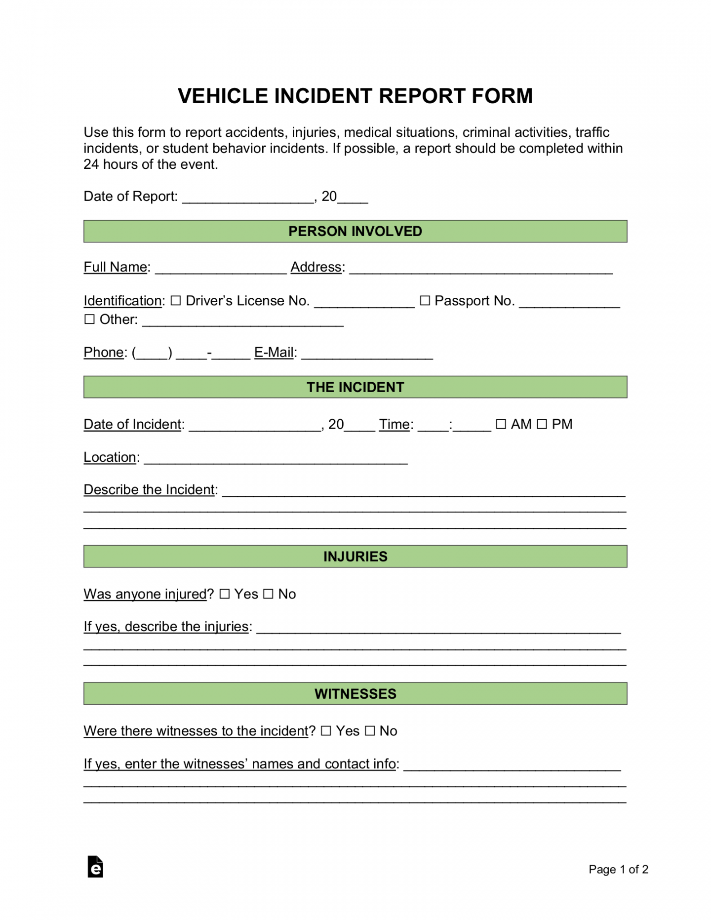 Free Car (Motor Vehicle) Incident Report Template - PDF  Word