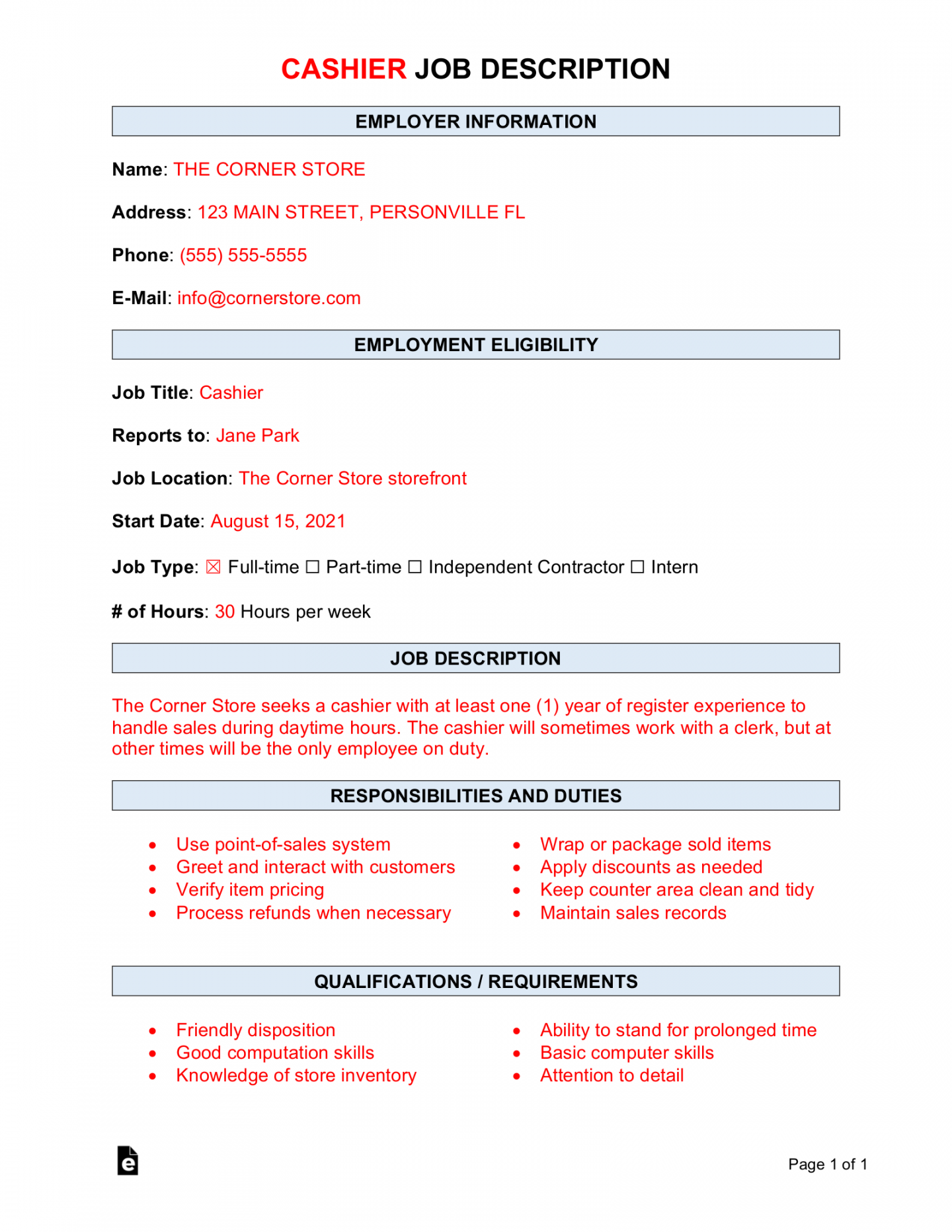 Free Cashier Job Description Template  Sample - PDF  Word – eForms