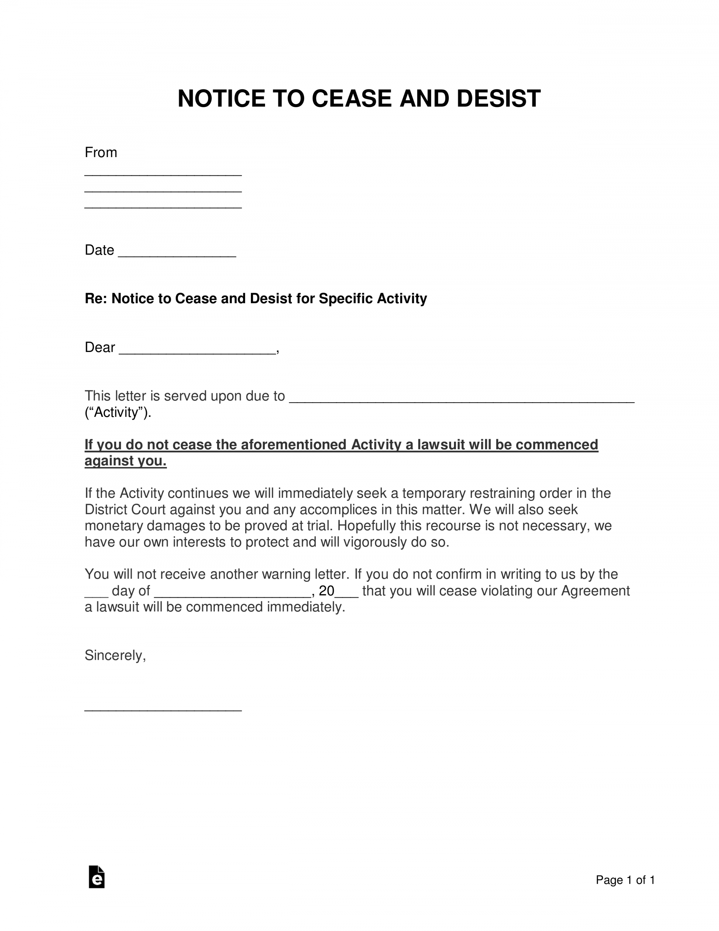 Free Cease and Desist Letter Templates () - PDF  Word – eForms