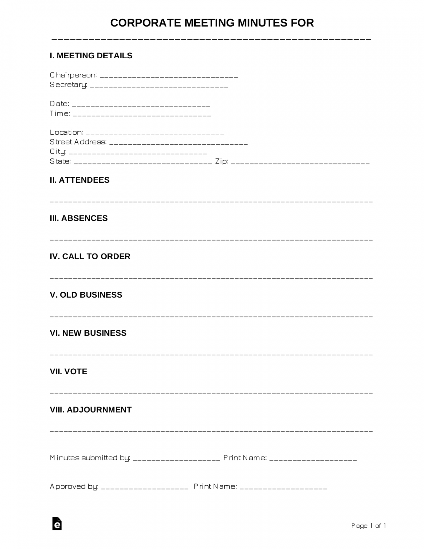 Free Corporate Meeting Minutes Template  Sample - PDF  Word – eForms