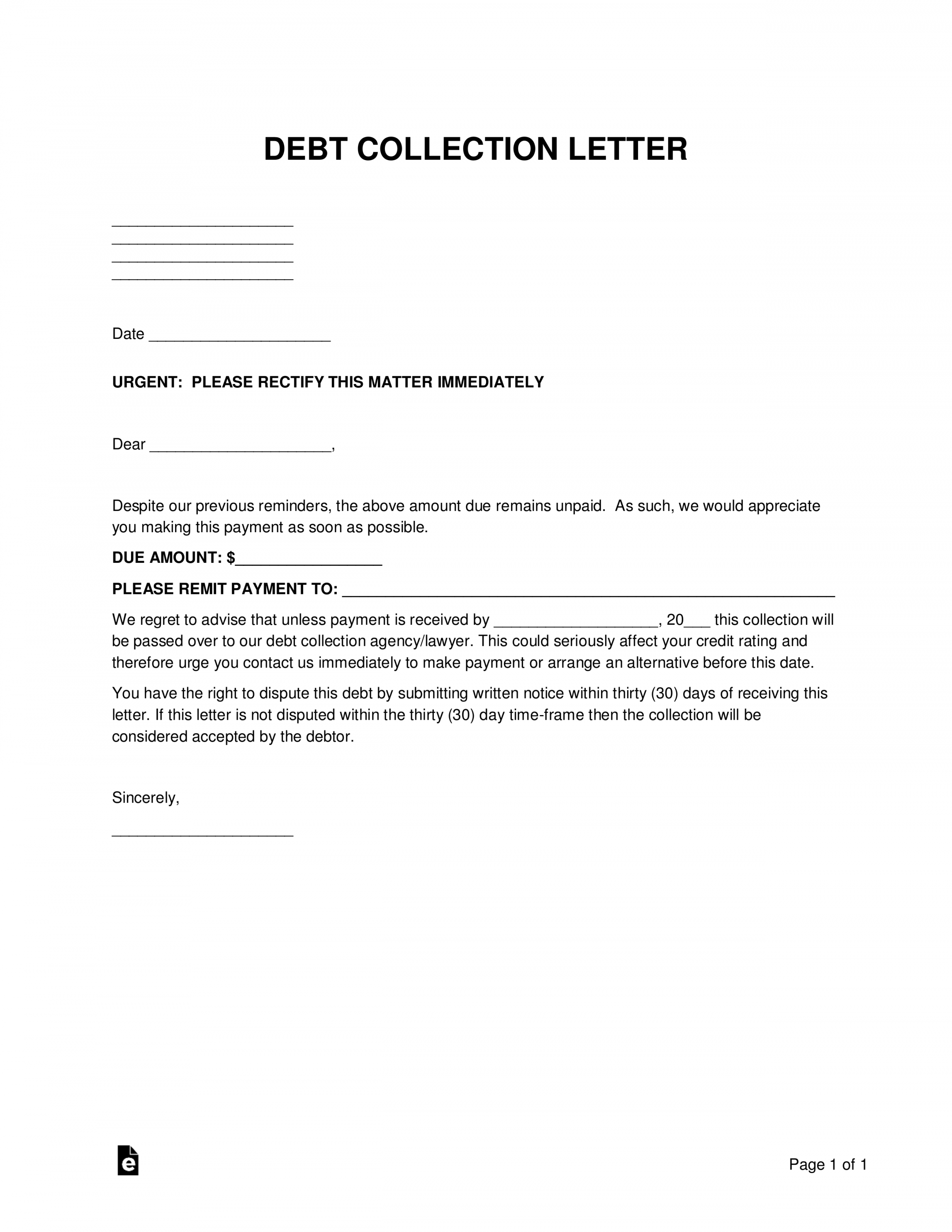 Free Debt Collections Letter Template - Sample - PDF  Word – eForms