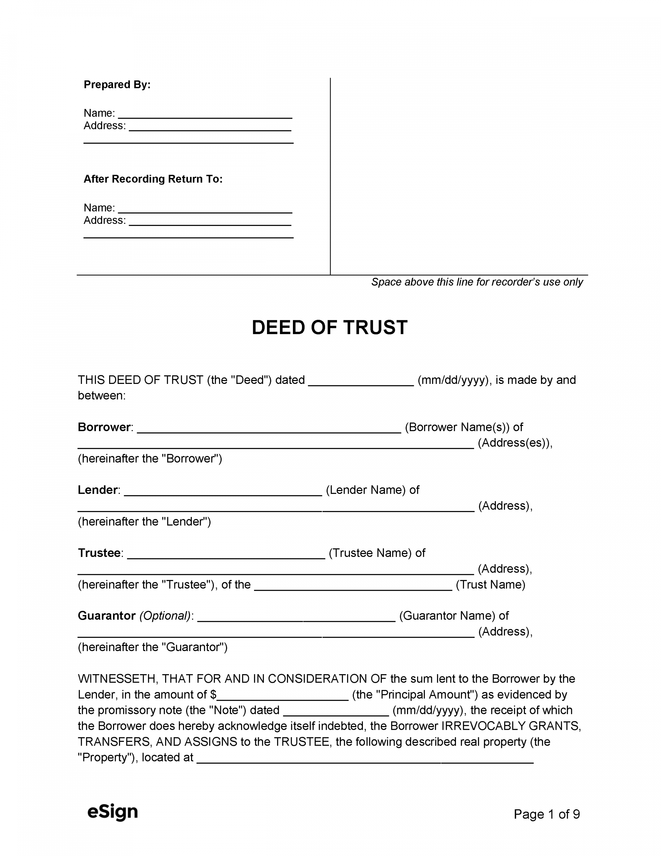 Free Deed of Trust Form  PDF  Word