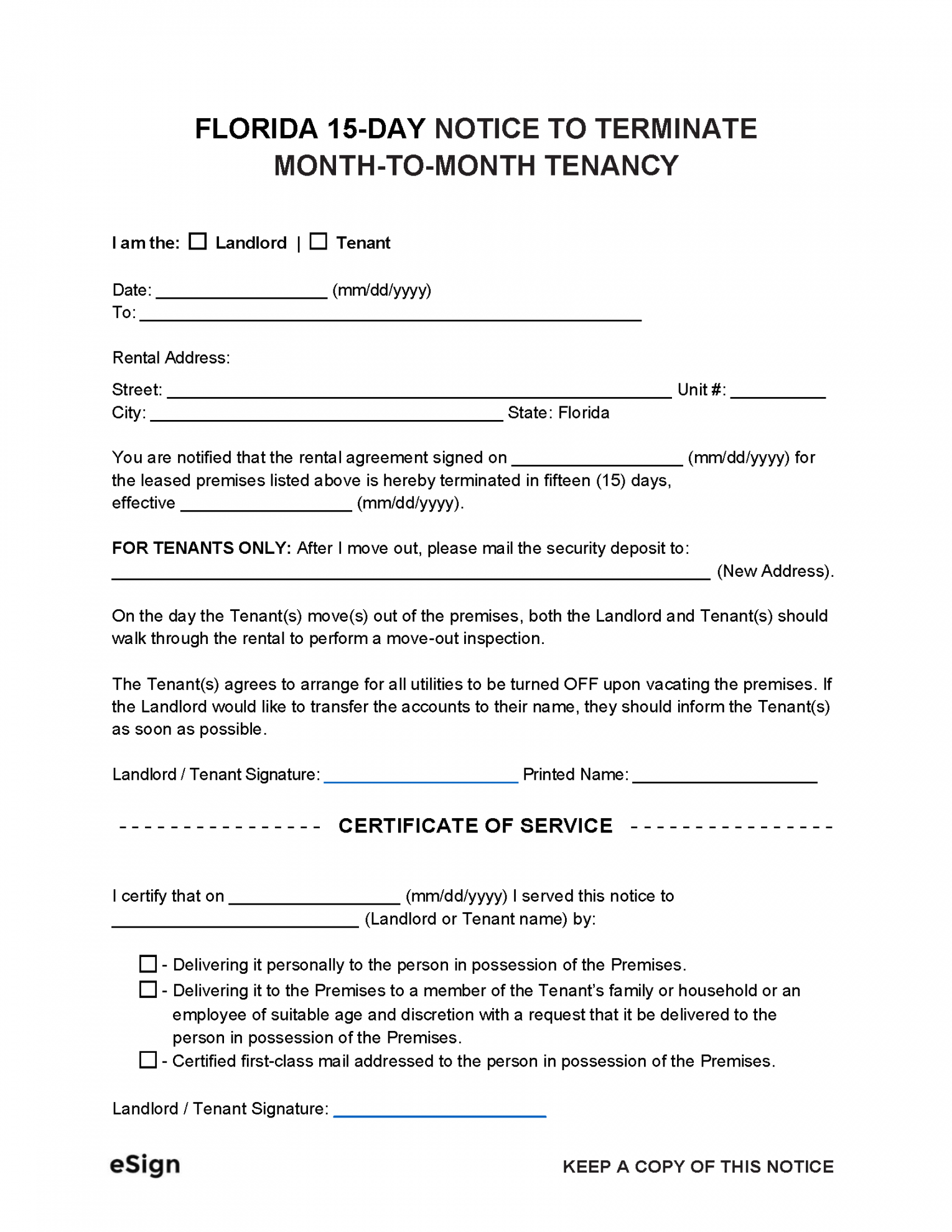 Free Florida -Day Notice to Quit  Lease Termination Letter