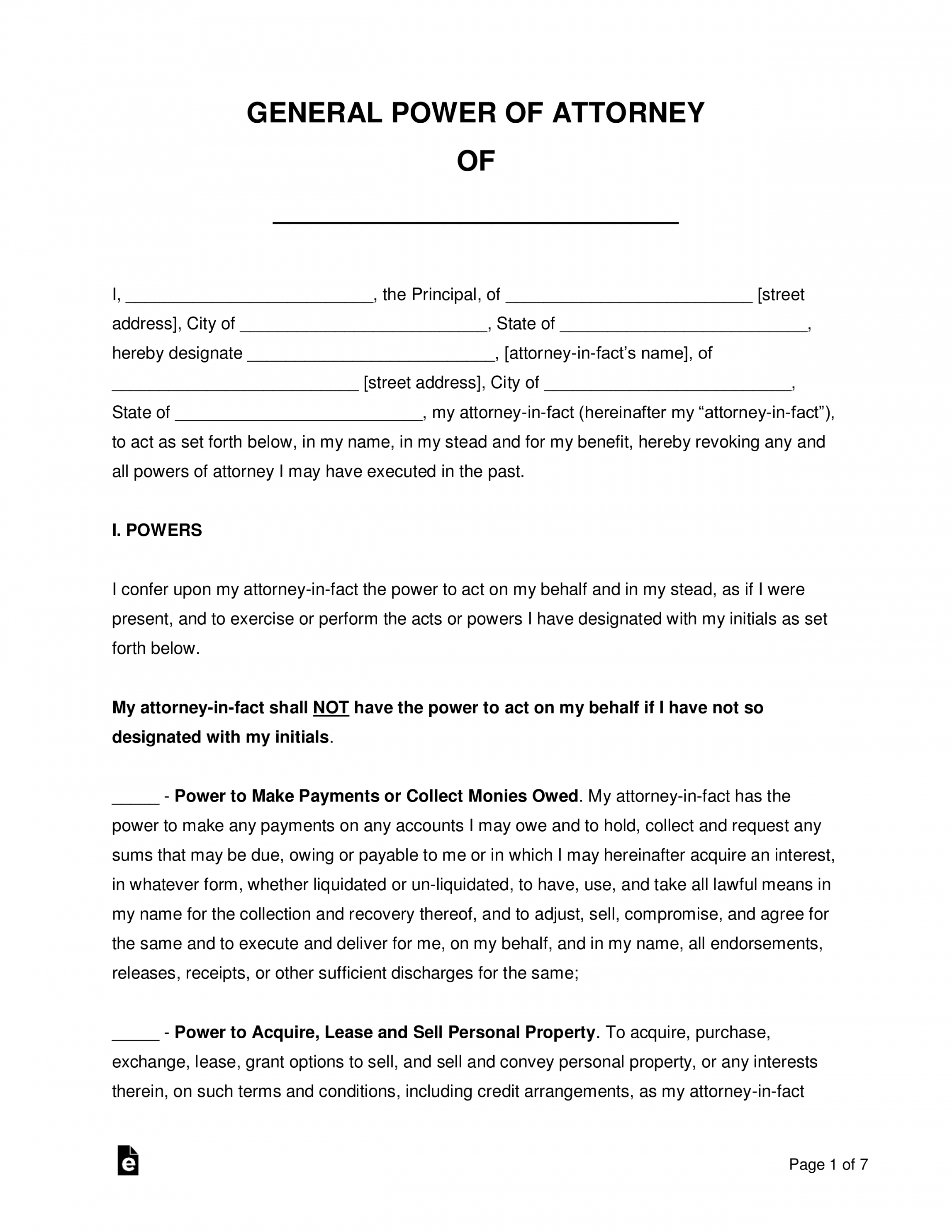 Free General (Financial) Power of Attorney Form  Non-Durable