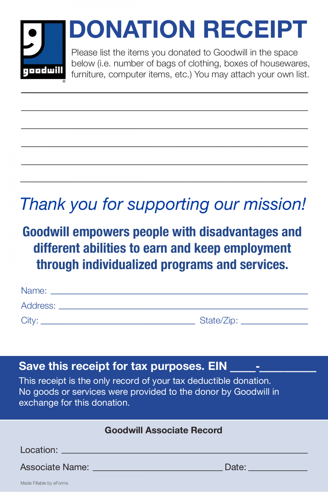 Free Goodwill Donation Receipt Template - PDF – eForms