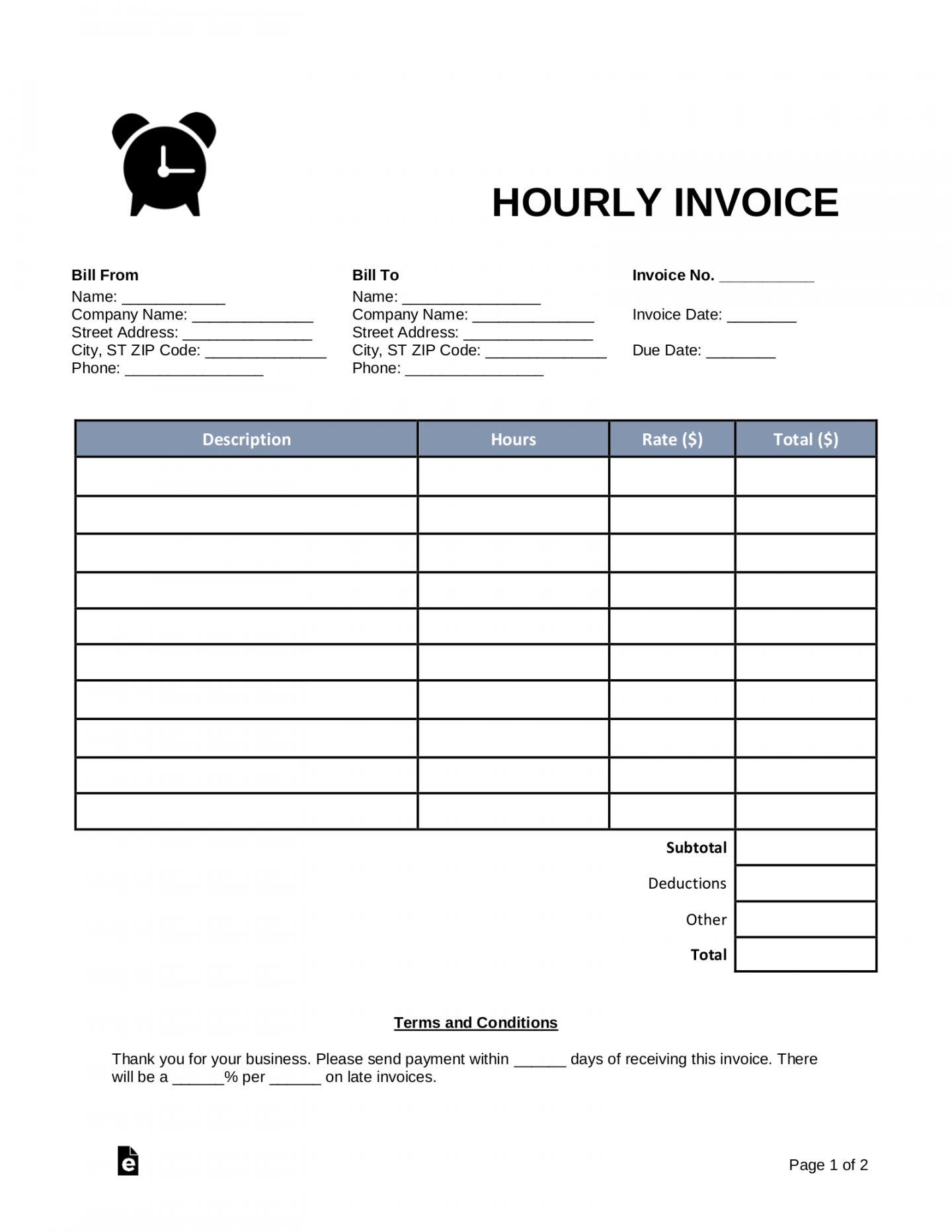 Free Hourly Invoice Template - PDF  Word – eForms