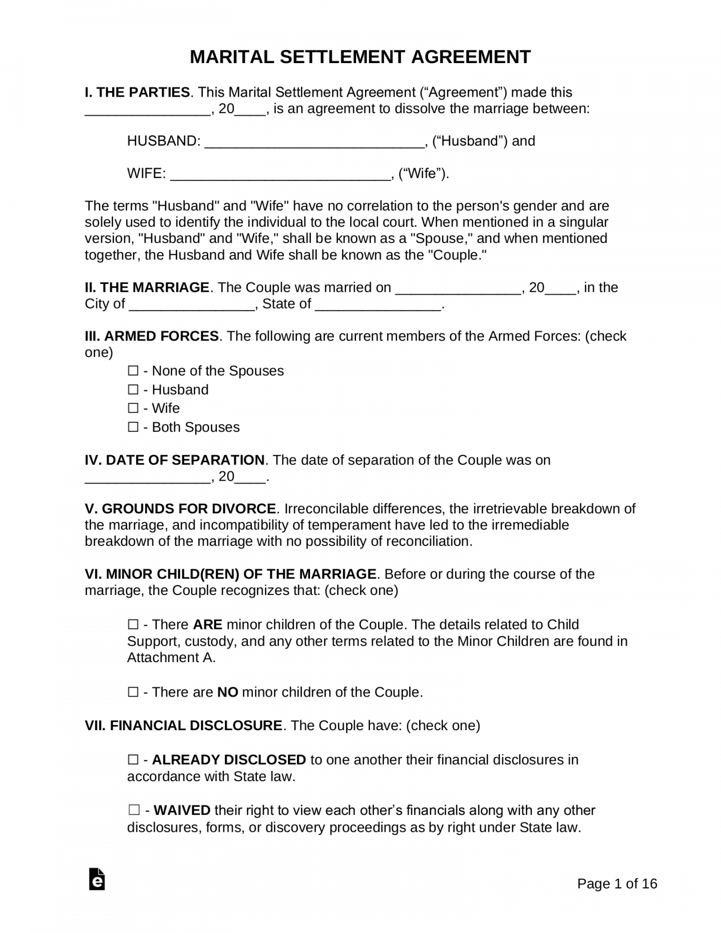 Free Marital Settlement (Divorce) Agreement  Sample - PDF  Word