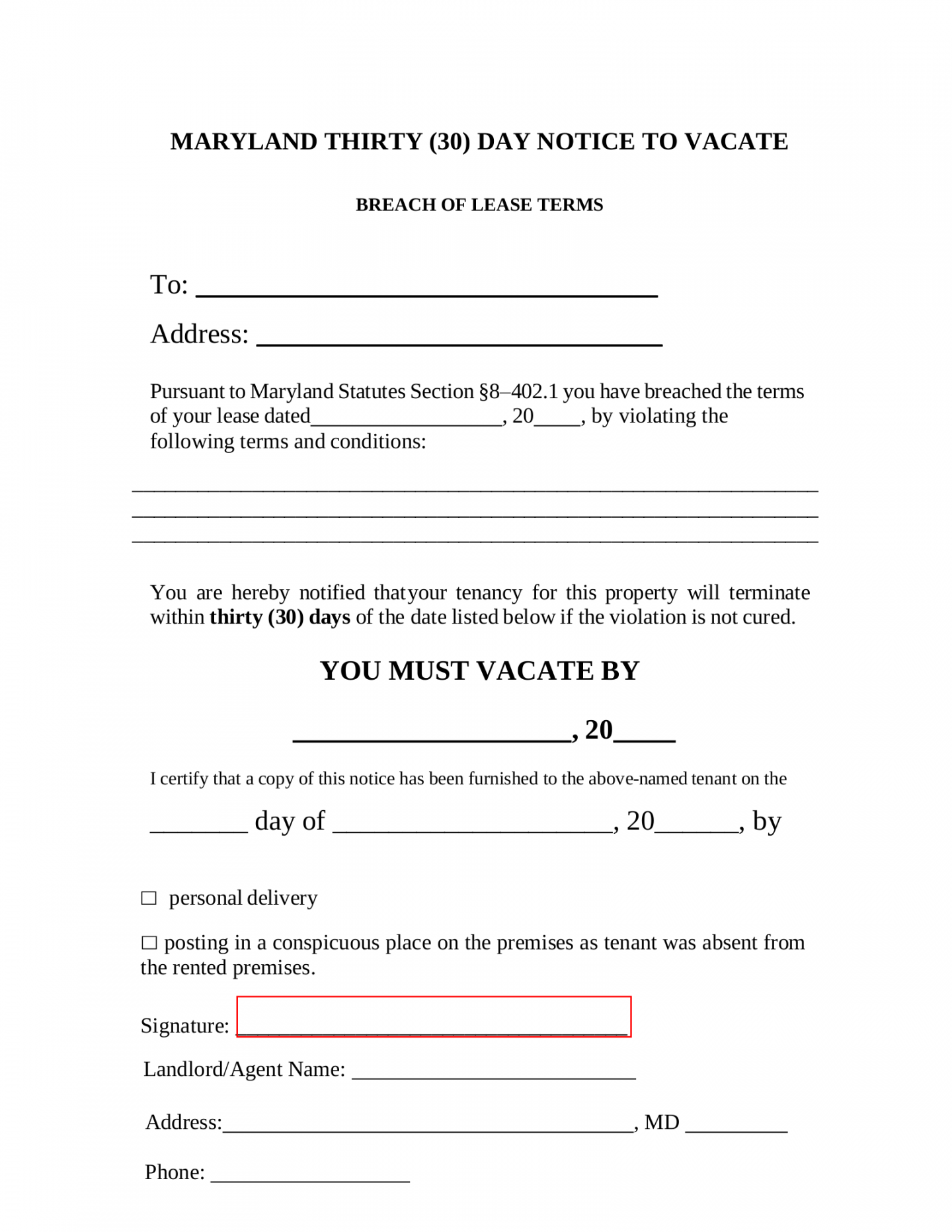 Free Maryland -Day Notice to Quit Form  Non-Compliance - PDF