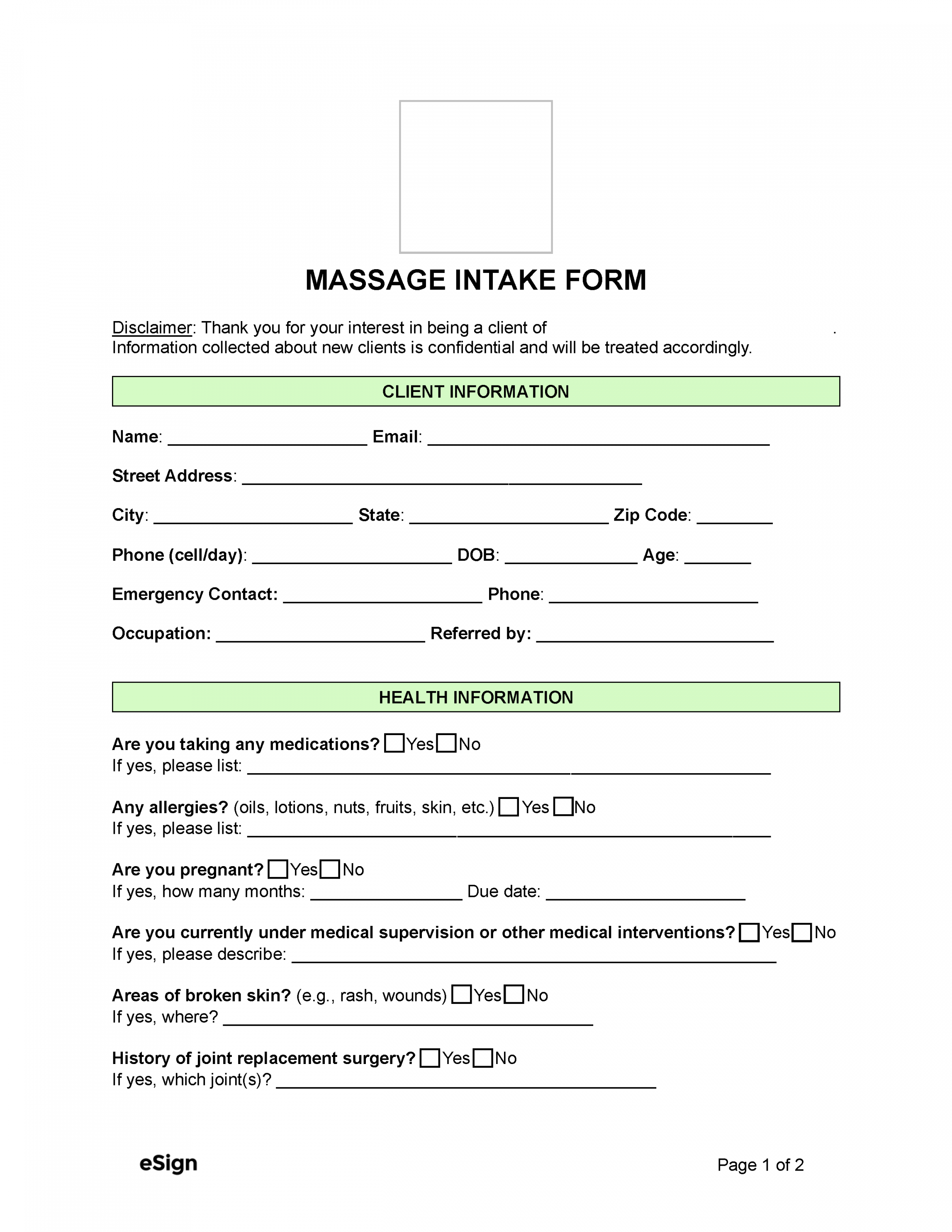 Free Massage Intake Form  PDF  Word