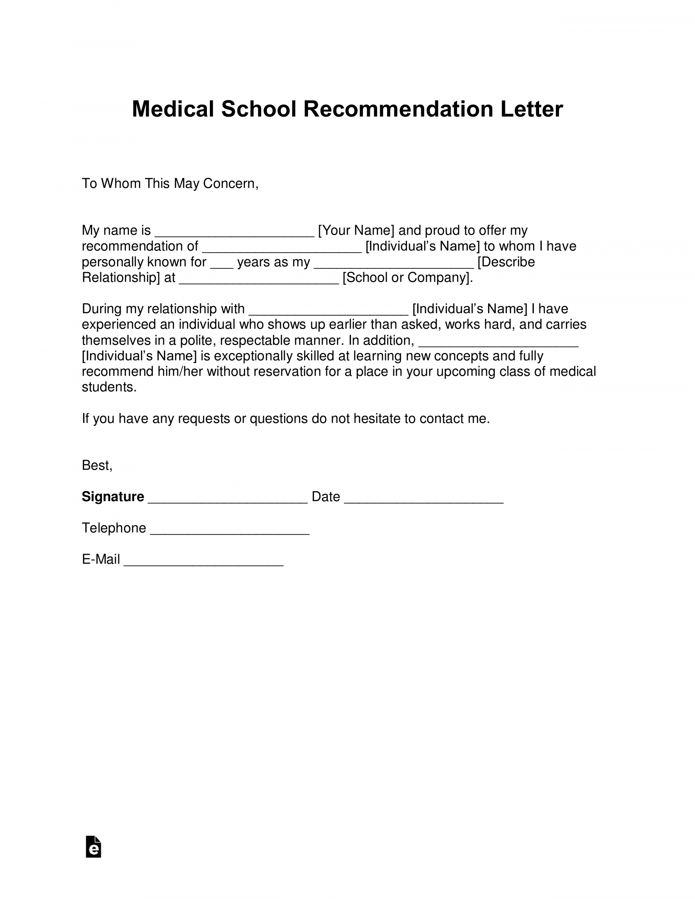 Free Medical School Letter of Recommendation Template - with