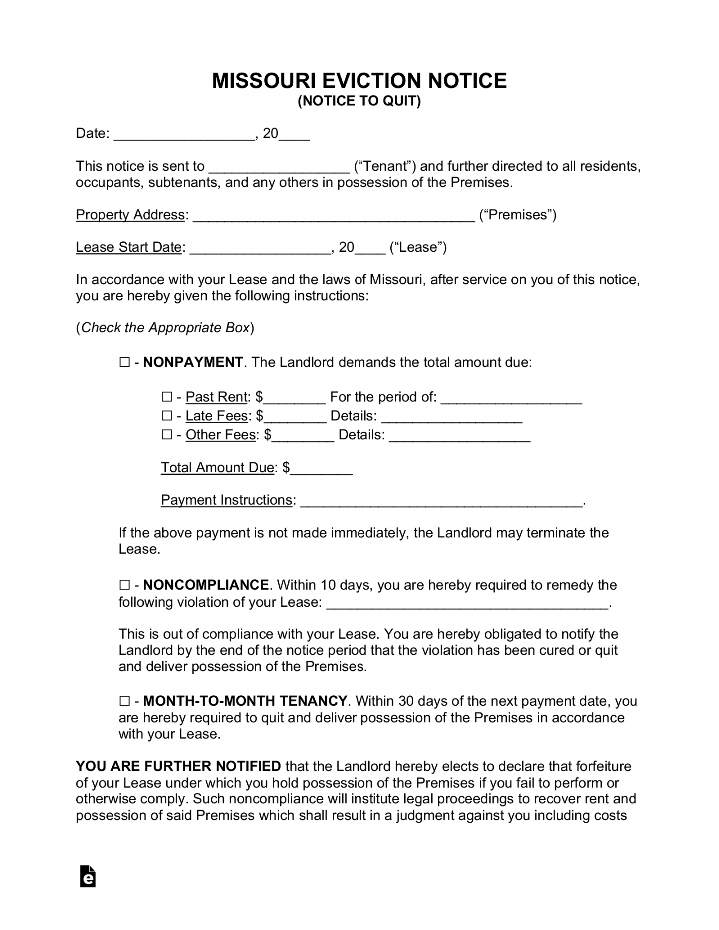 Free Missouri Eviction Notice Forms () - PDF  Word – eForms