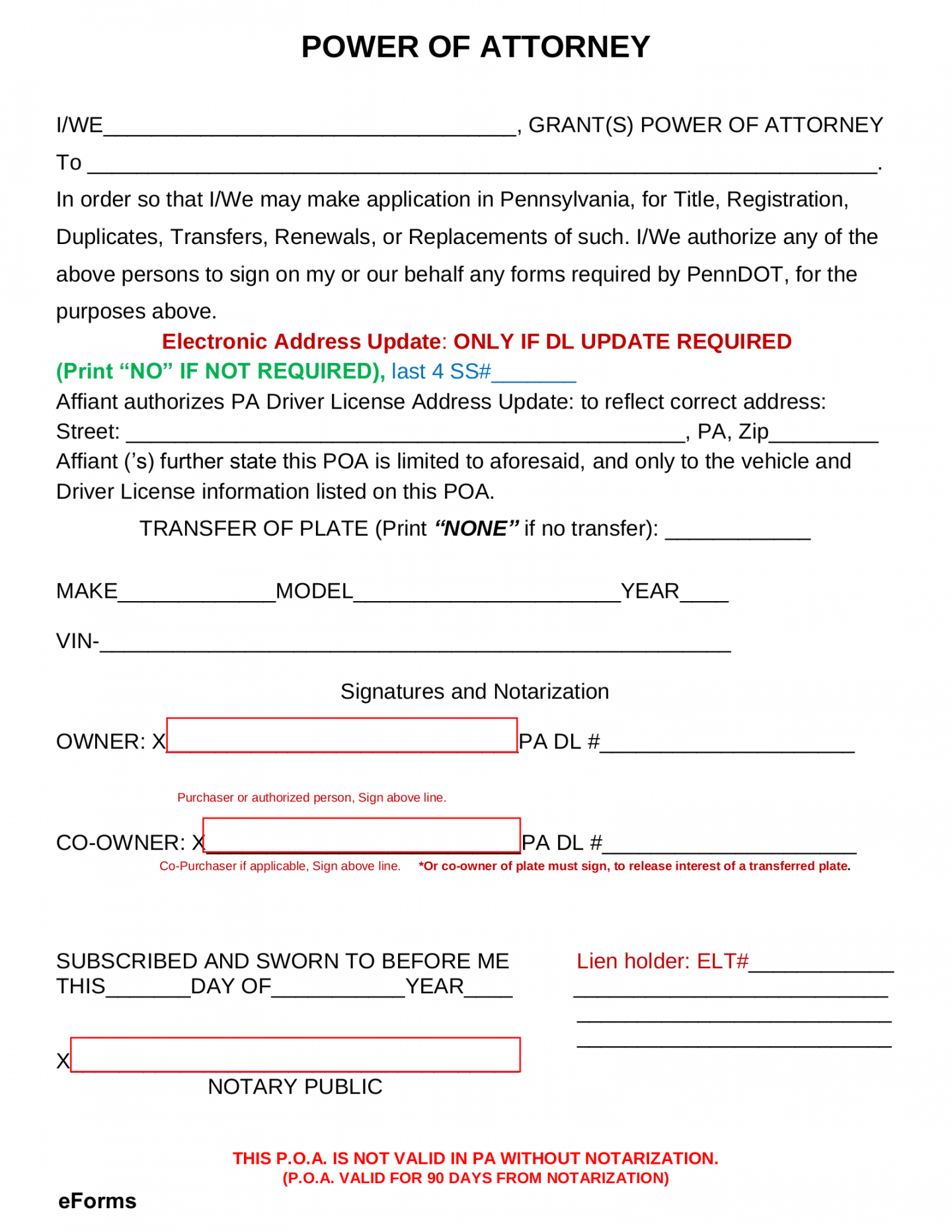 Free Pennsylvania Motor Vehicle Power of Attorney Form - PDF – eForms