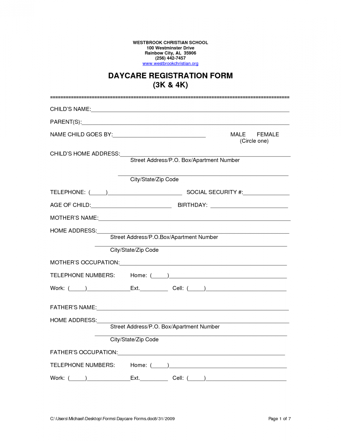 Free Printable Home Daycare Forms  Daycare forms, Daycare