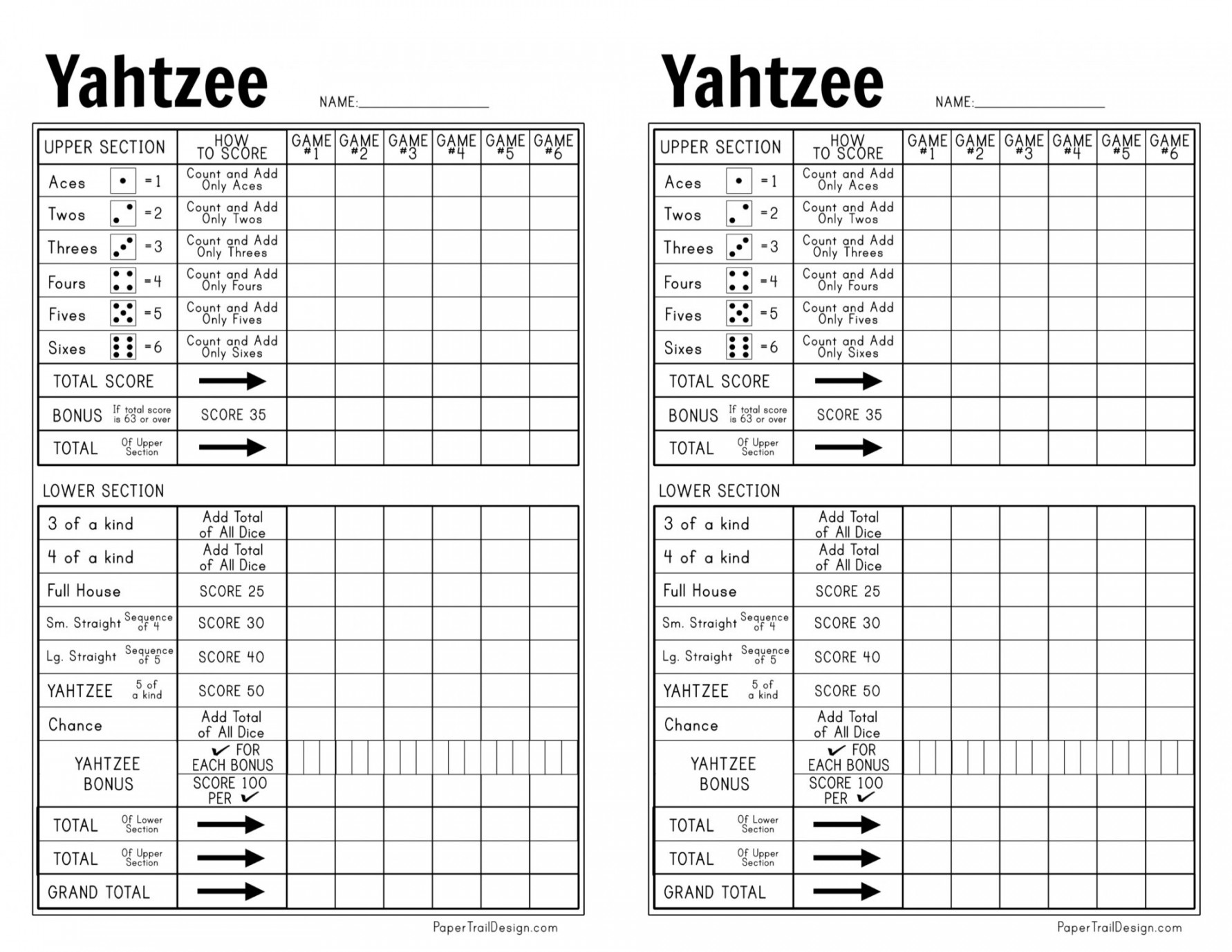 Free Printable Yahtzee Score Card - Paper Trail Design