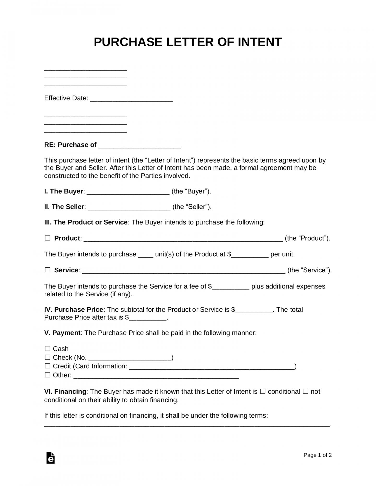 Free Purchase Letter of Intent Templates () - PDF  Word – eForms