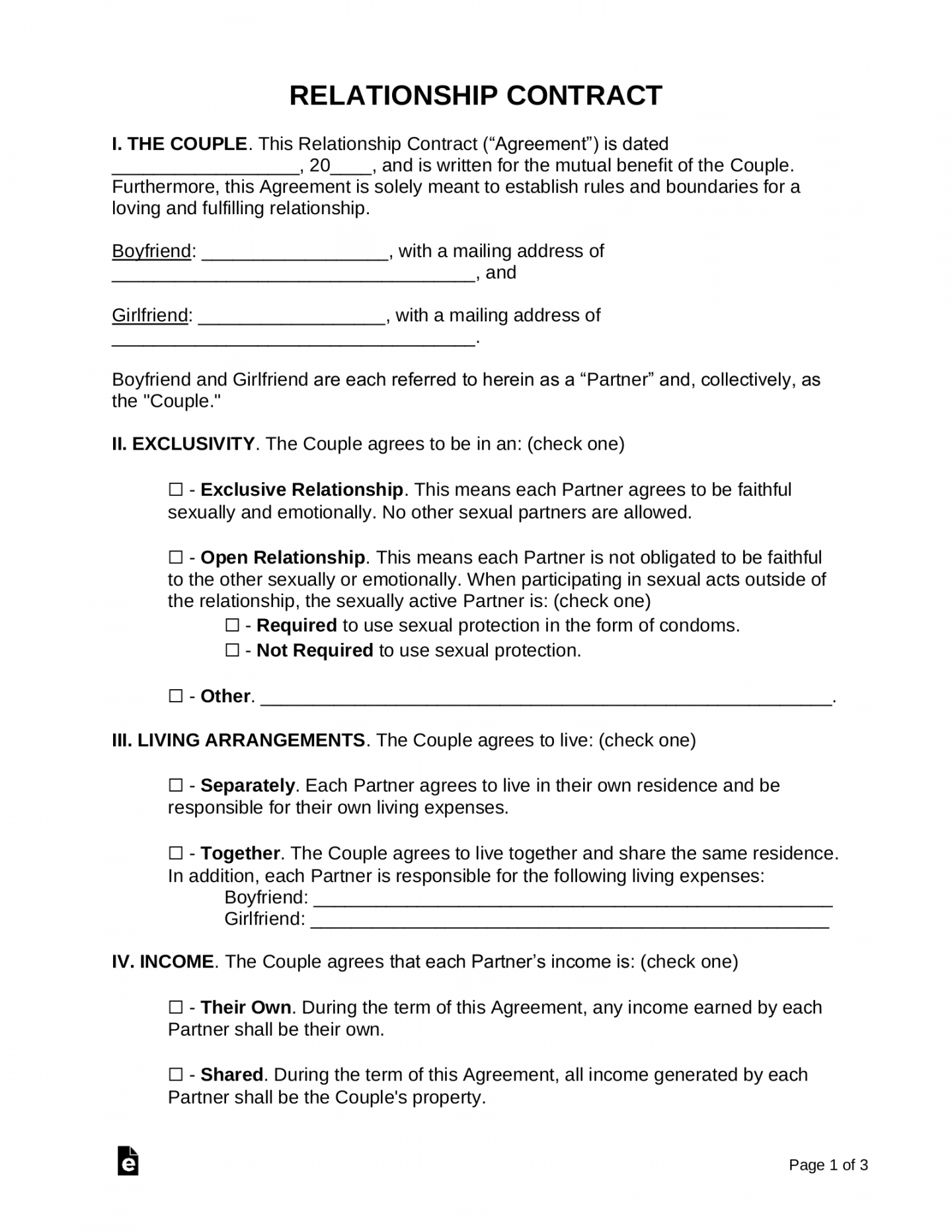 Free Relationship Contract Template (Cohabitation Agreement) - PDF