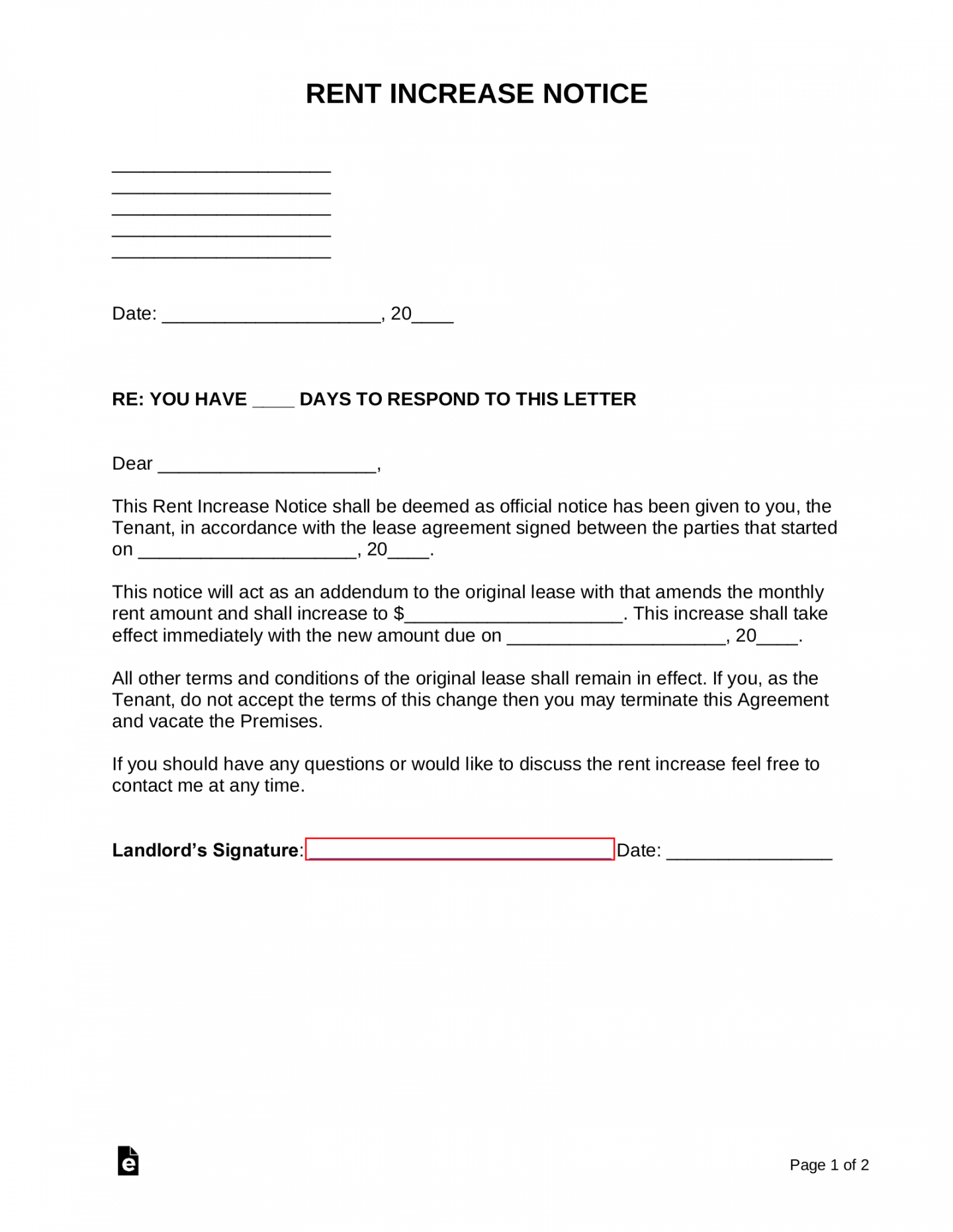 Free Rent Increase Notice Letter  Sample - PDF  Word – eForms