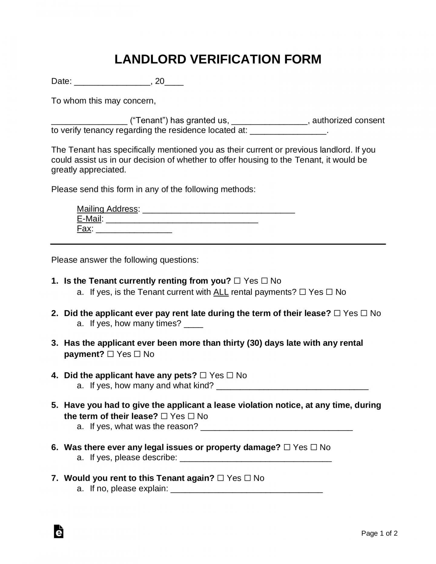 Free Rent (Landlord) Verification Form - PDF  Word – eForms