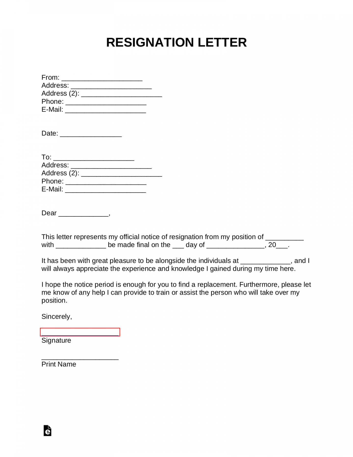 Free Resignation Letters  Templates () - PDF  Word – eForms