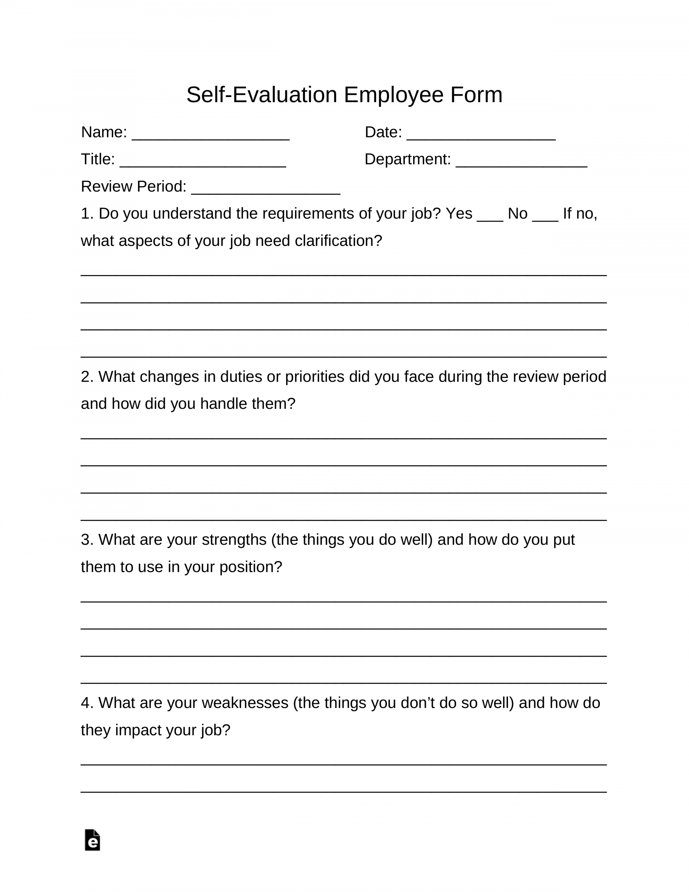 Free Self-Evaluation Employee Form - PDF  Word – eForms