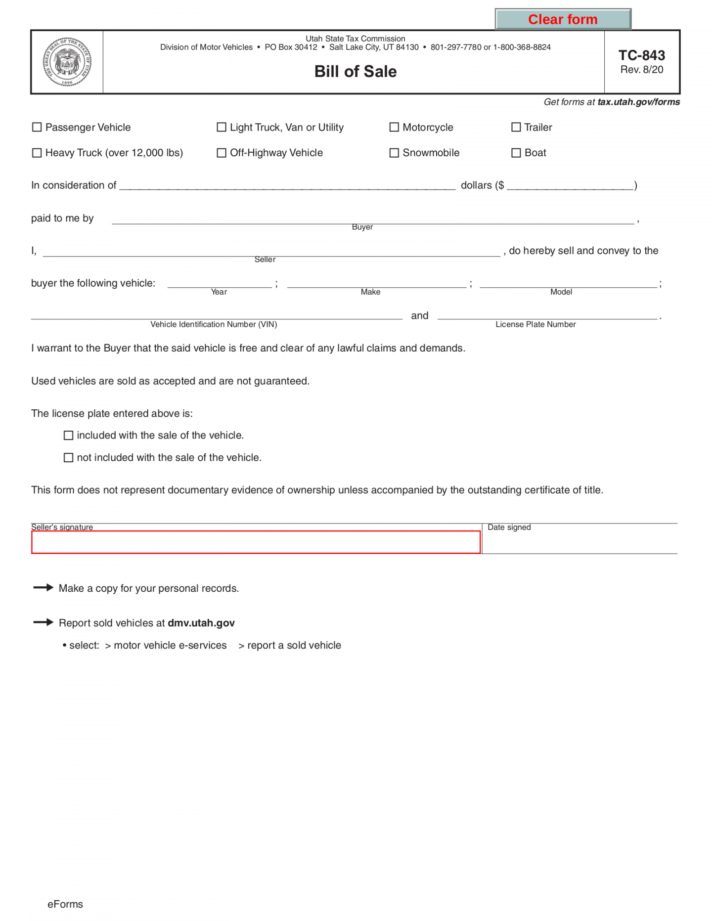 Free Utah Bill of Sale Forms () - PDF – eForms