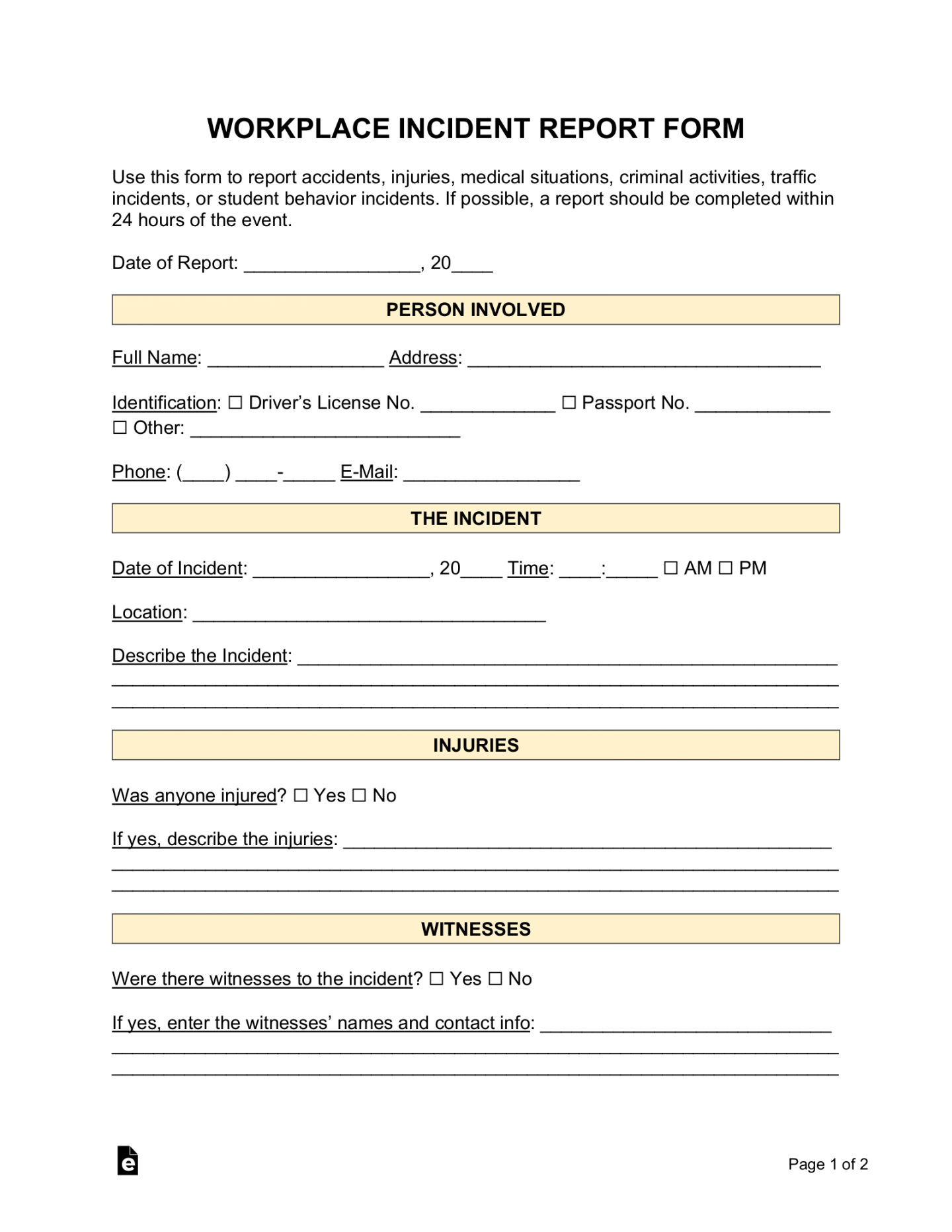 Free Workplace Incident Report Template - PDF  Word – eForms