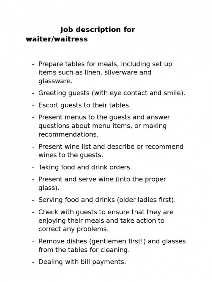 Job Description For Waiter  PDF