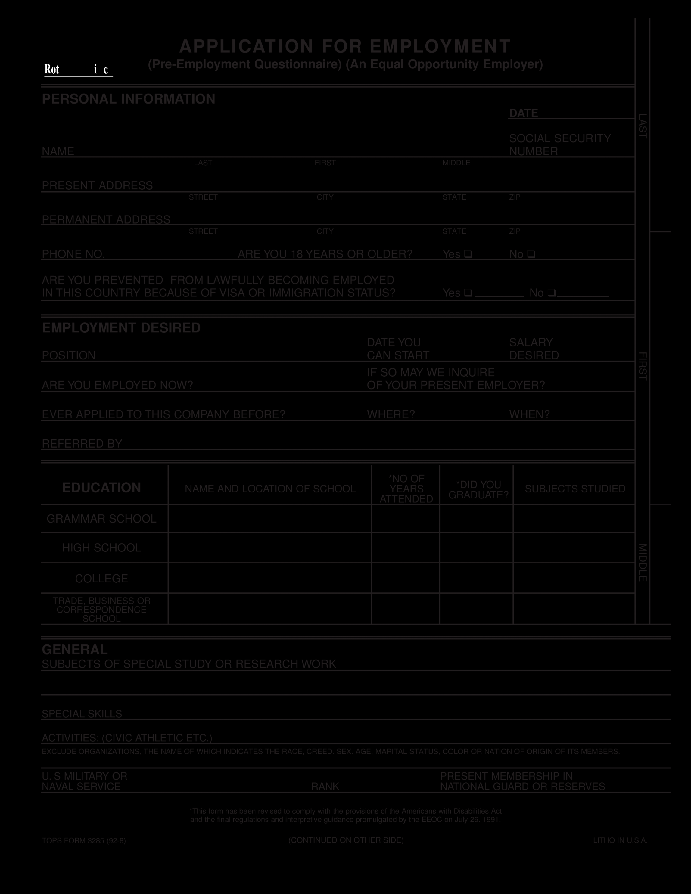 Kostenloses Blank Employment Application Form sample