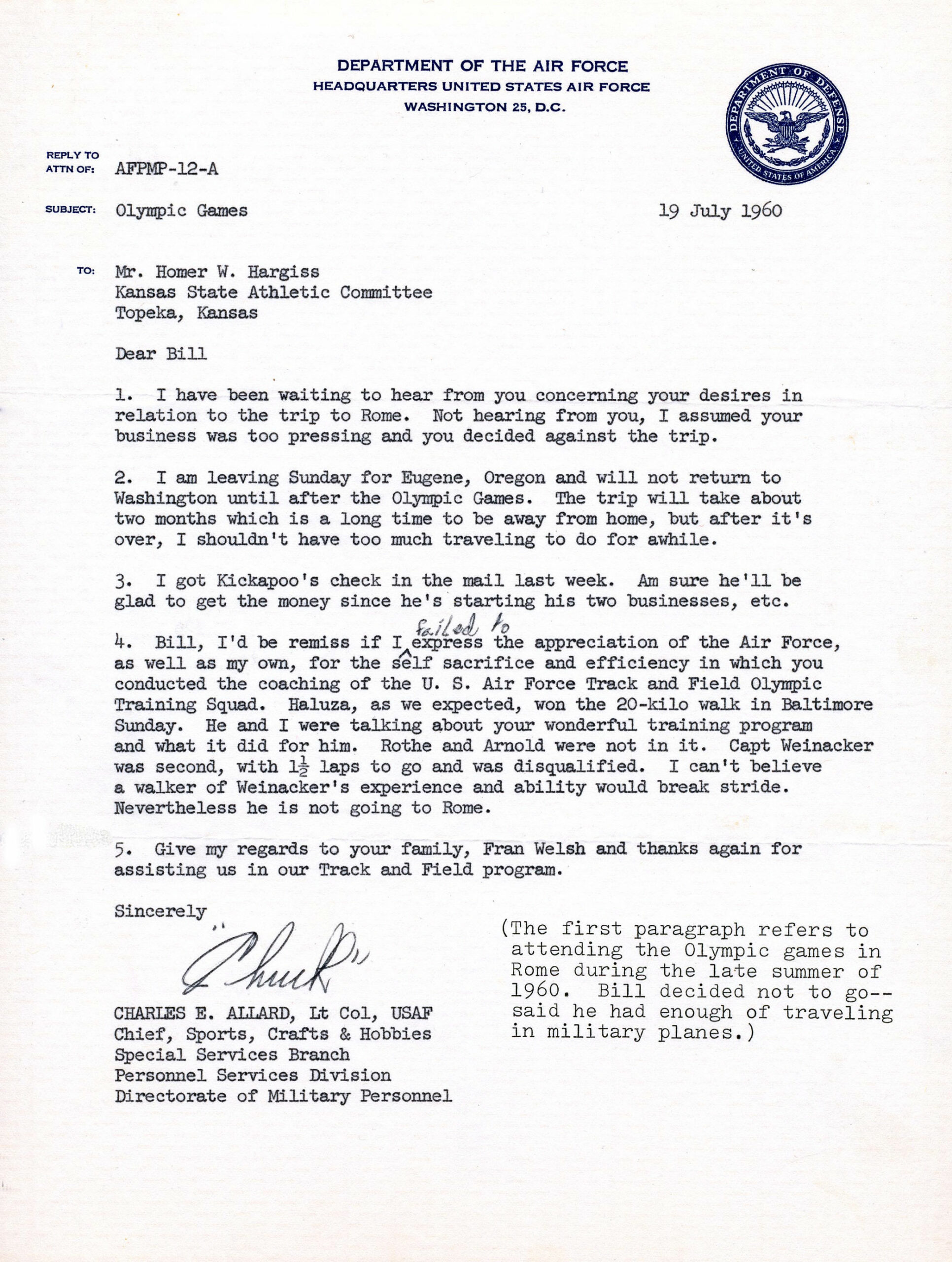 Letter of appreciation from USAF to Bill Hargiss,