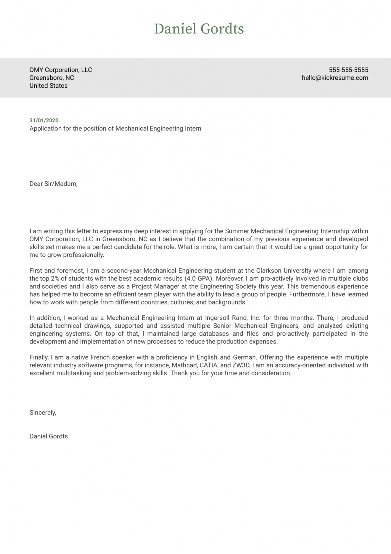 Mechanical Engineering Internship Cover Letter Example  Kickresume