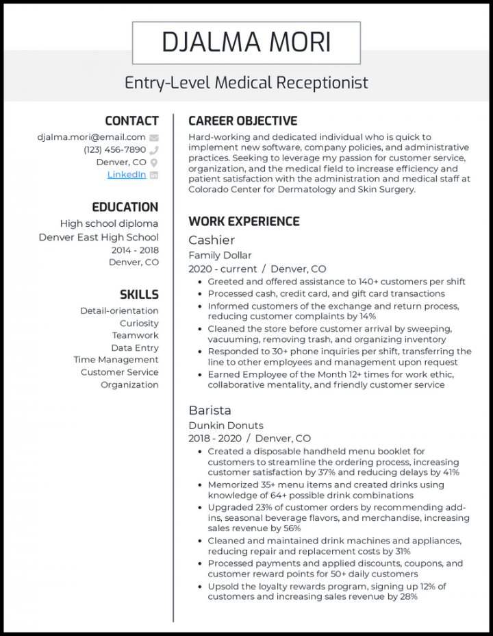 Medical Receptionist Resume Examples for