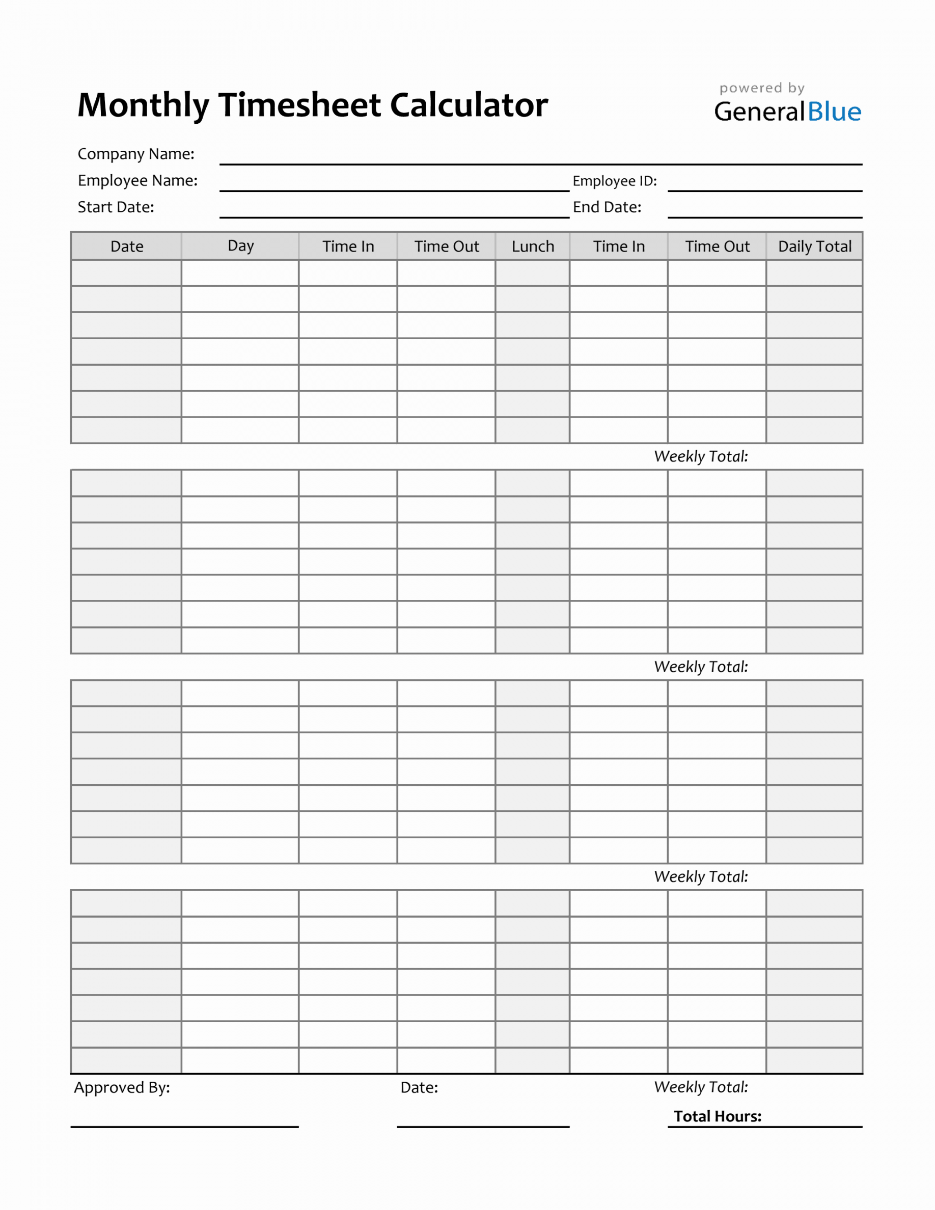 Monthly Timesheet Calculator in Excel (Simple)