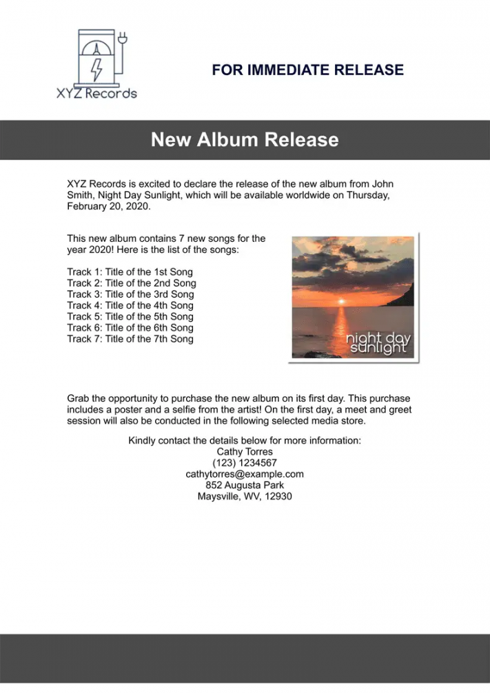 Music Press Release Template - PDF Templates  Jotform