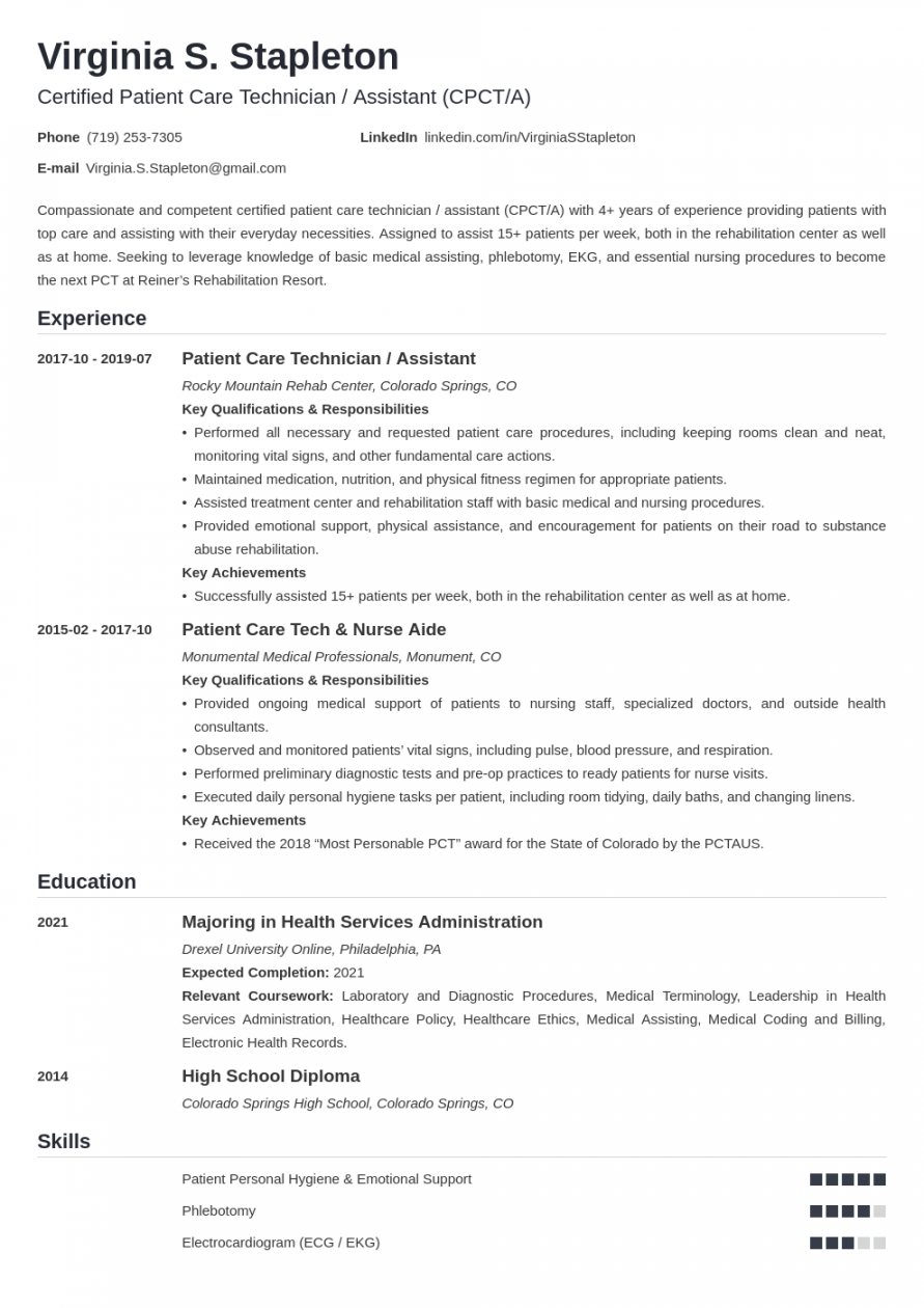 Patient Care Technician (PCT) Resume Sample & Skills