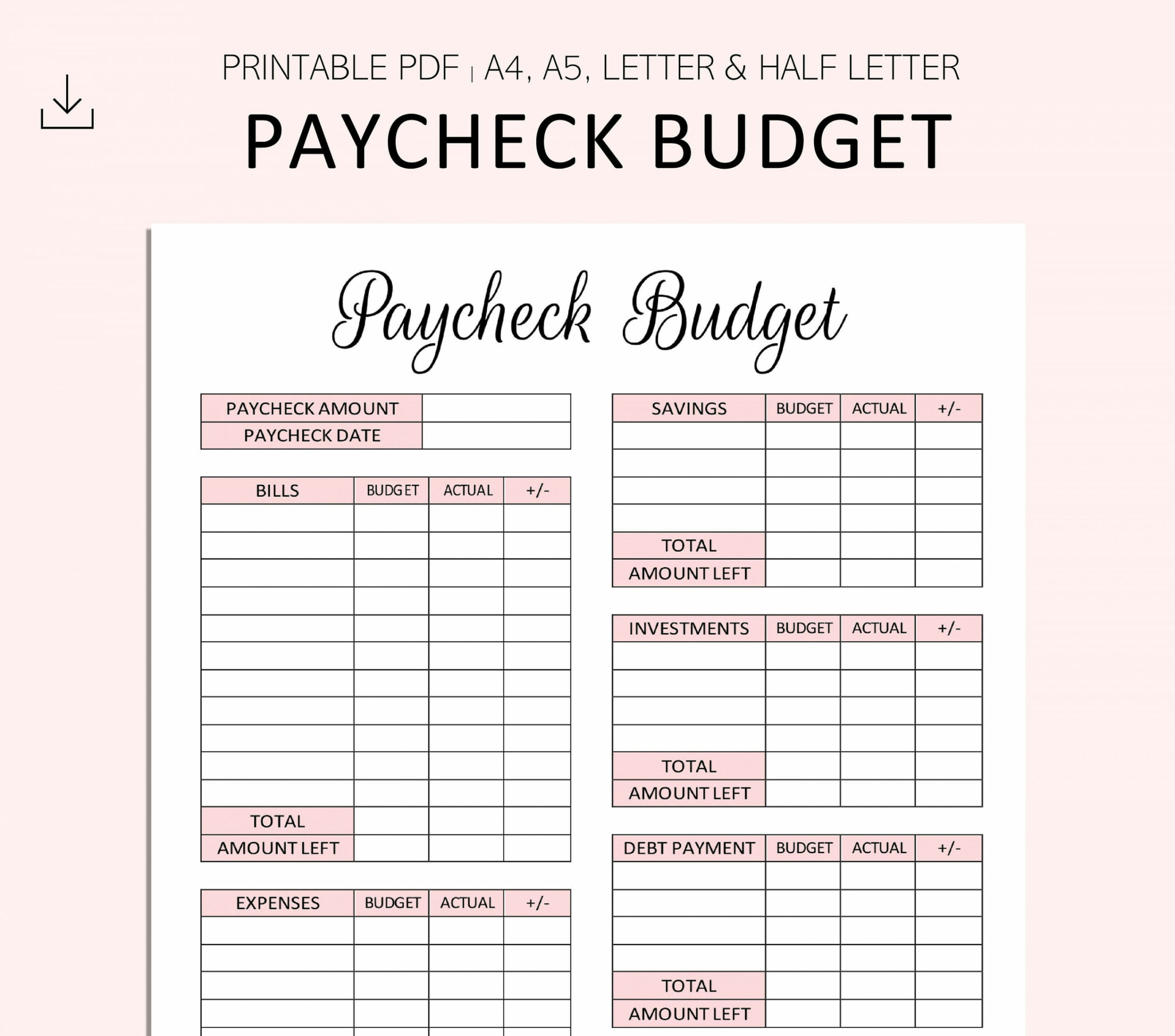 Paycheck Budget Printable PDF A A Letter Half - Etsy