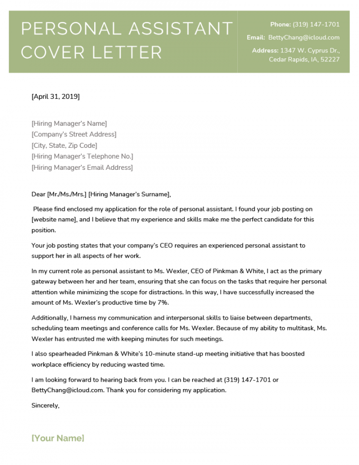 Personal Assistant Cover Letter (Example & Template)