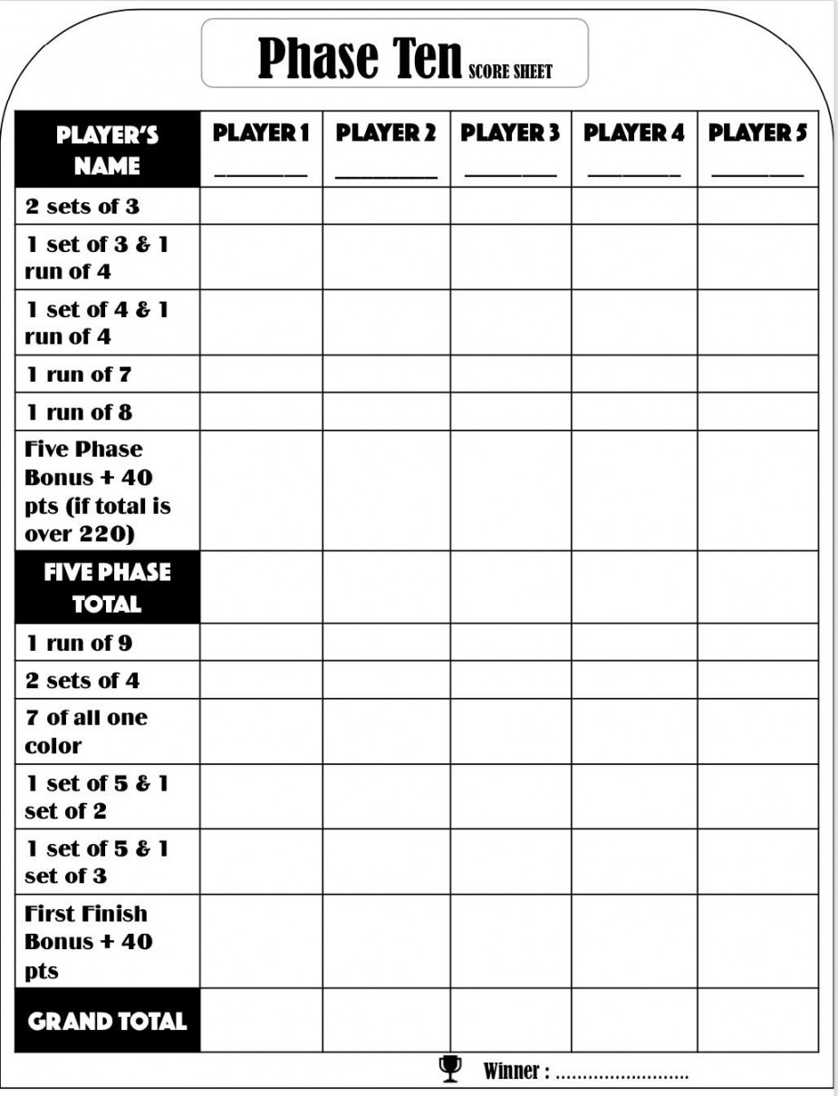 Phase Ten Scorekarte - Phase Ten Scoresheet - Phase Ten Score pads -  Druckbare Datei - PDF Download ,x