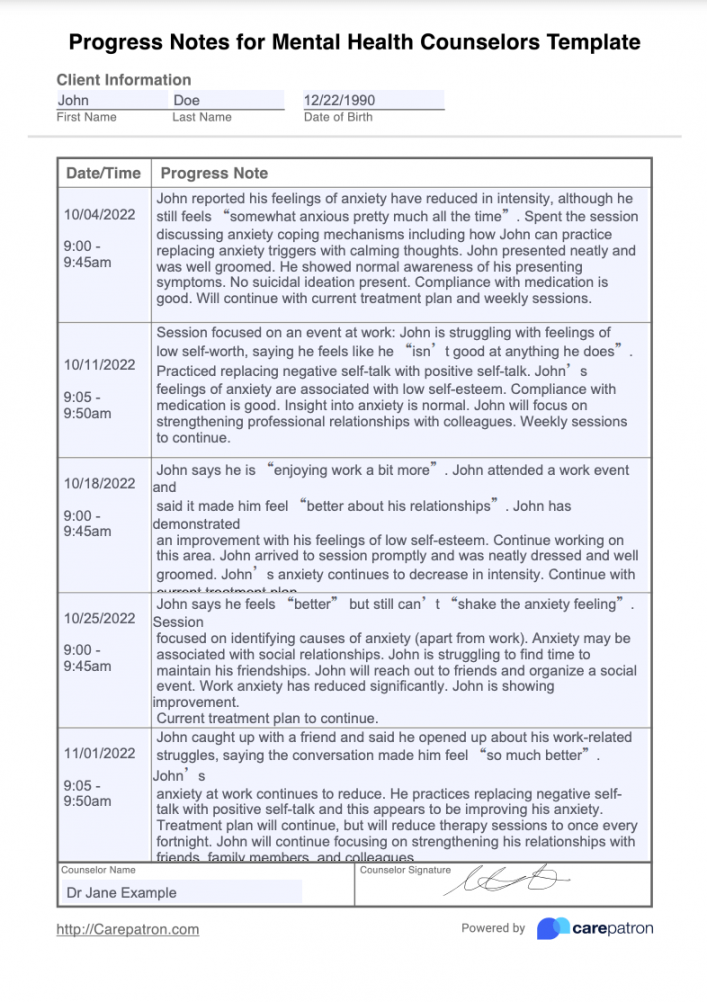 Progress Notes For Mental Health Counselors Template & Example