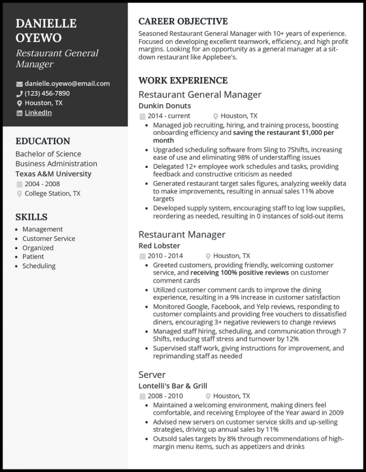 Restaurant General Manager Resume Examples for 202