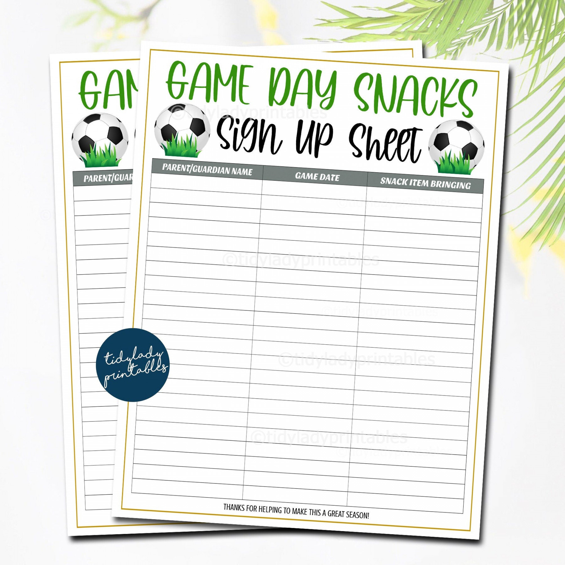 Soccer Snack Volunteer Signup Sheet  TidyLady Printables