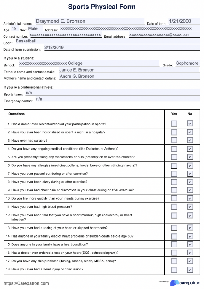 Sports Physical Form & Example  Free PDF Download