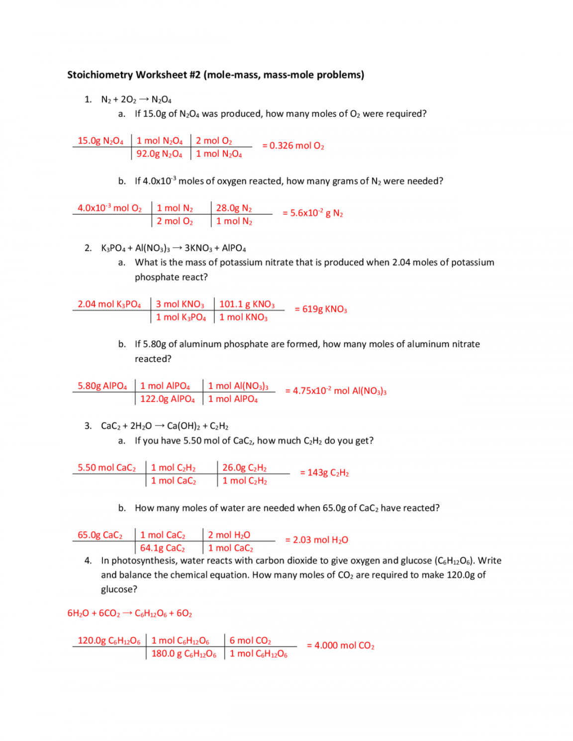 Stoichiometry Worksheet Mmole-Mass, Mass-Mole Key  Exercises