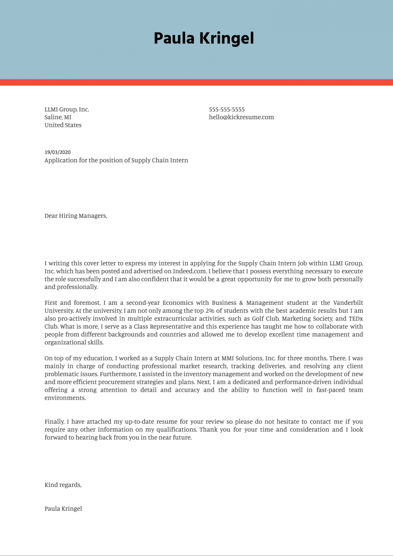 Supply Chain Internship Cover Letter Example  Kickresume