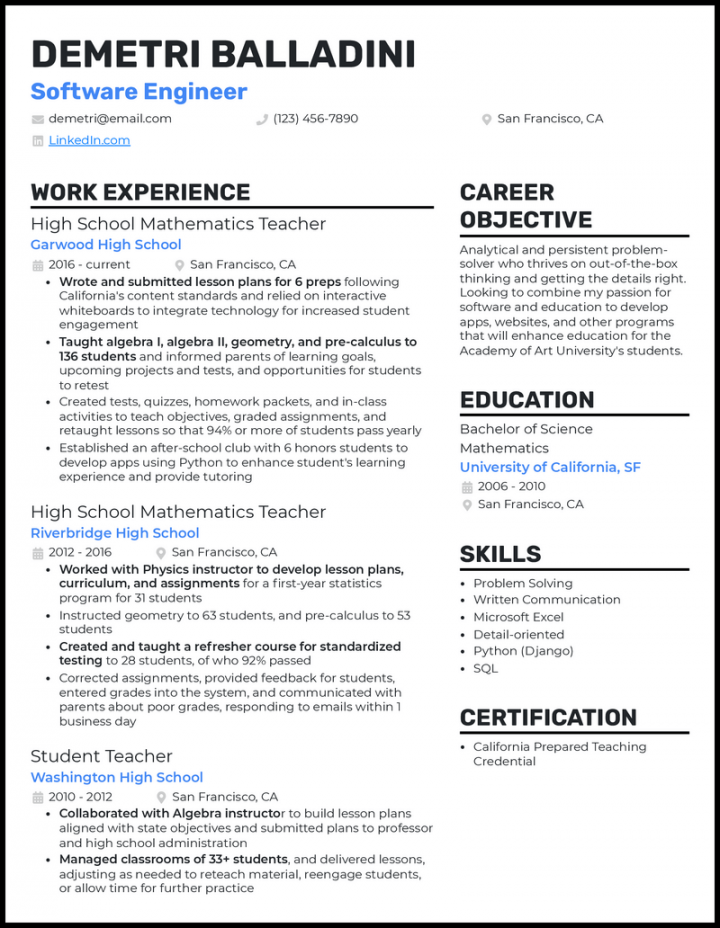 Teacher Career Change Resume Examples For 202