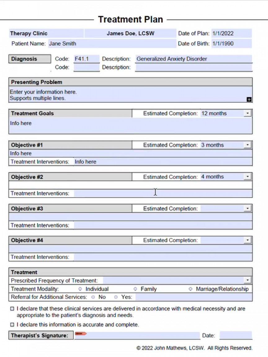 Treatment Plan Template for Therapists, PDF - Fillable & Editable,  Printable, Social Workers, Psychiatrists, Mental Health, Counselors, Form