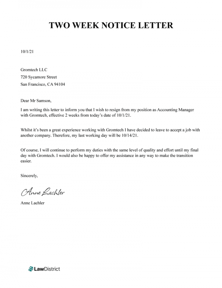 Two Weeks Notice Letter  Resignation Template  LawDistrict