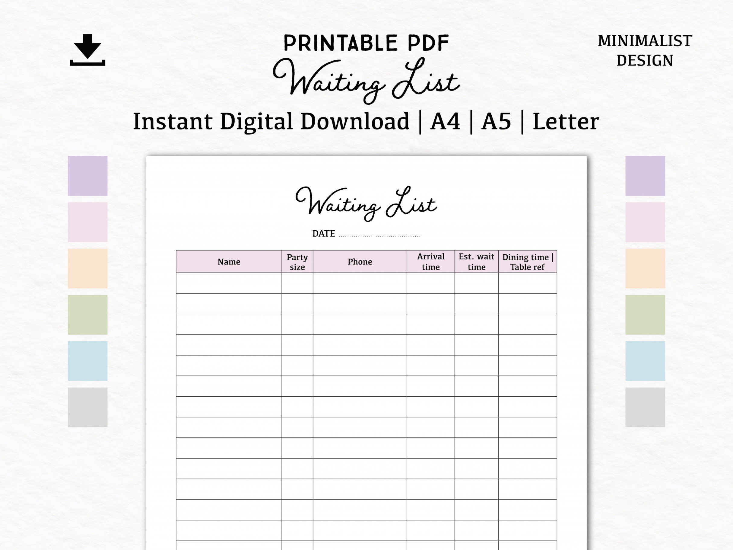 Waiting List Digital Download PDF Printable A, A, Letter Table