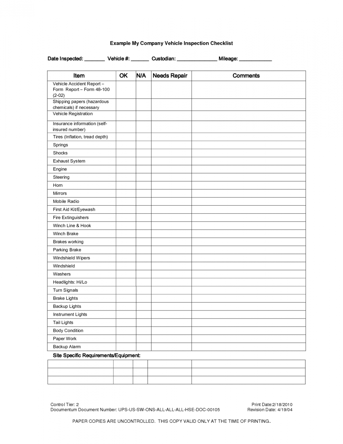 Best Images of Printable Vehicle Inspection Checklist - Free