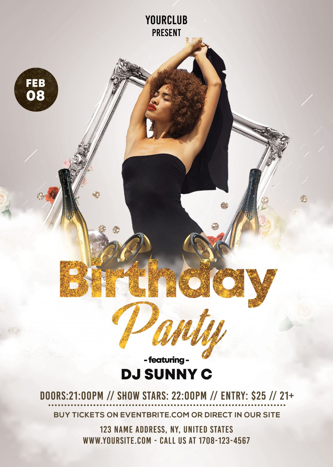 Birthday Party Free White & Gold PSD Flyer Template - PixelsDesign