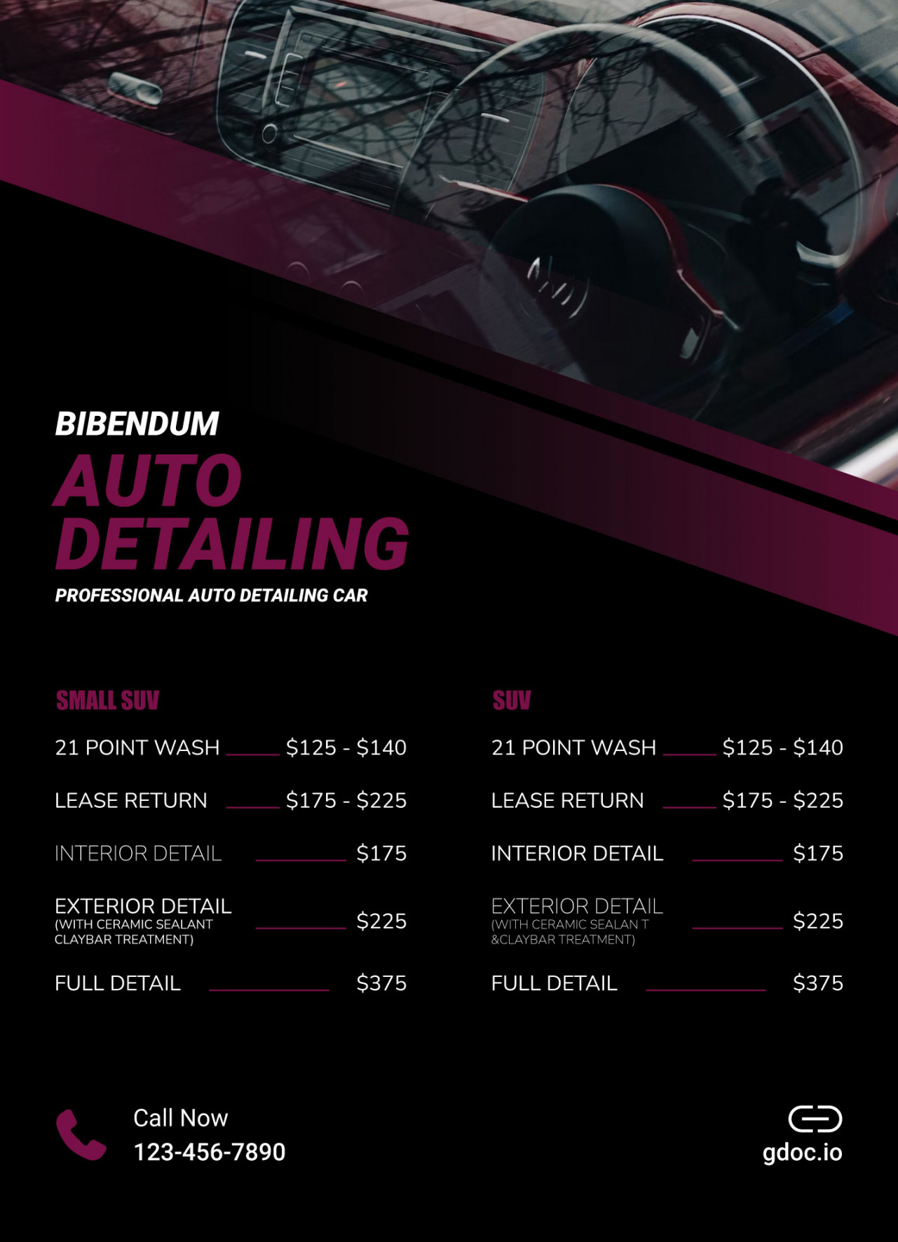 Car Detailing Price List Free Google Docs Template - gdoc